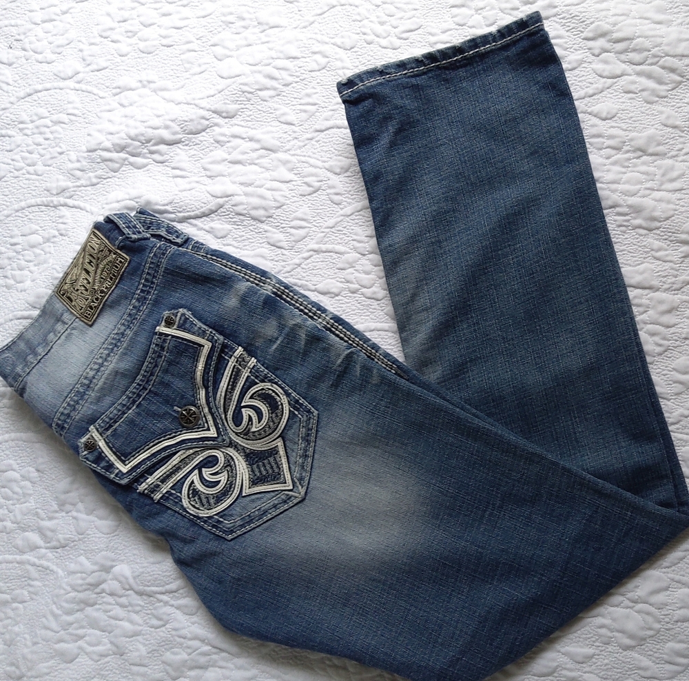 Affliction Blue Skinny Jeans with Vintage Fade and Embroidered Design